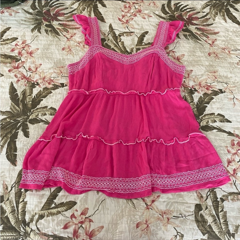 Torrid Babydoll Crinkle Gauze Embroidered Tiered Top - Barbie pink - Picture 5 of 7